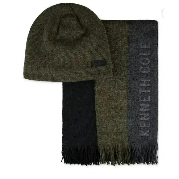 Kenneth Cole Gray/Green Mens Scarf and Beanie Set - Picture 2 of 6